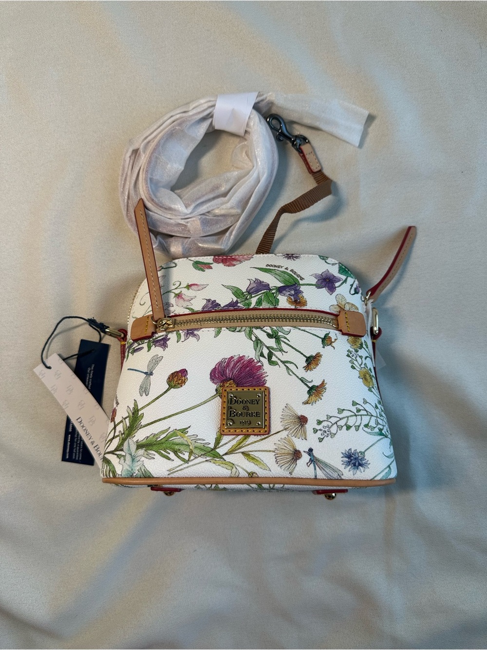 Dooney & Bourke White Floral Crossbody Bag with Brown Trim